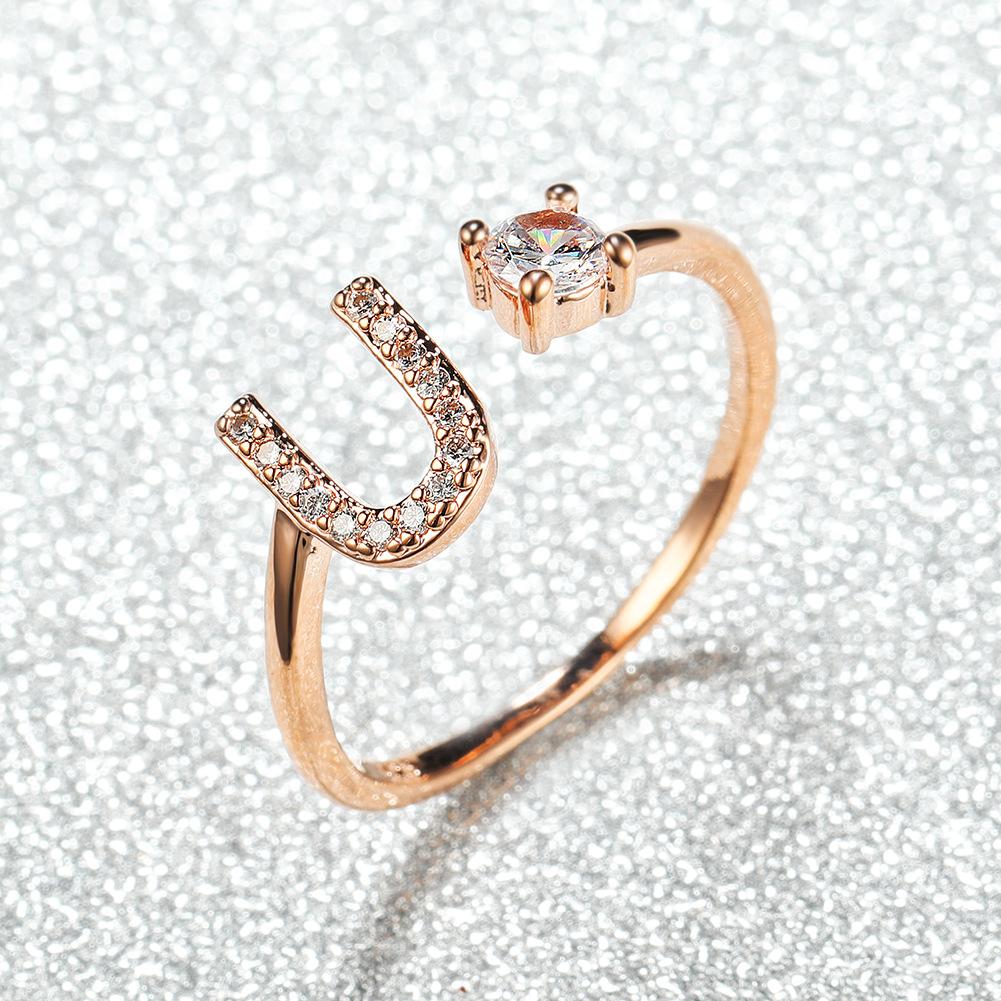 New rose gold letter ring, white diamond open ring accessory, unique personalized finger ring