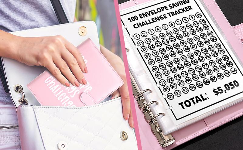 CLOUDSEA 100 Envelope Savings Challenge Binder A5 Size with Cute Stickers & Cash Envelopes for 100 Day Savings $5,050 Budgeting Planner Finance Checklist Organizer