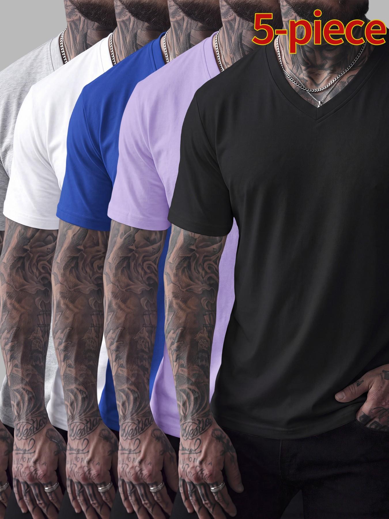 5-Pack Men's Slim Fit Cotton V-Neck T-Shirts, Casual Classic Short Sleeve Basic Daily Wear, Comfortable Solid Color Tees, Essential Clothing