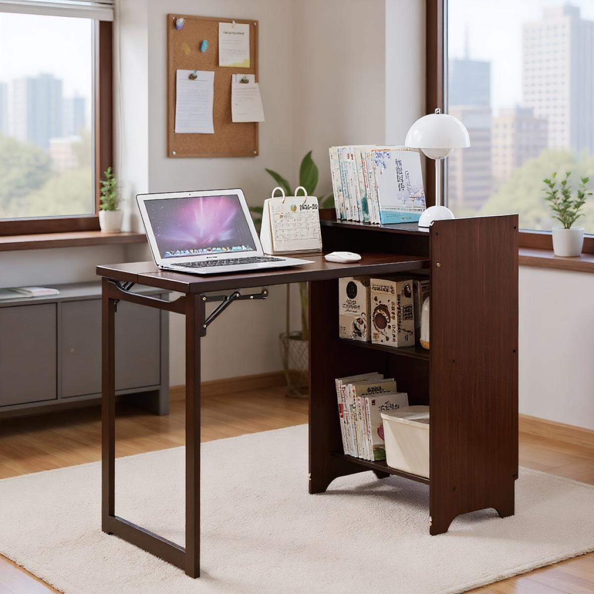 Bamboo Folding Desk, Foldable Desk for Small Space, Computer Desk with Hidden Storage, Mid Century Foldable Table for Home Office and Bedroom (Walnut Brown)