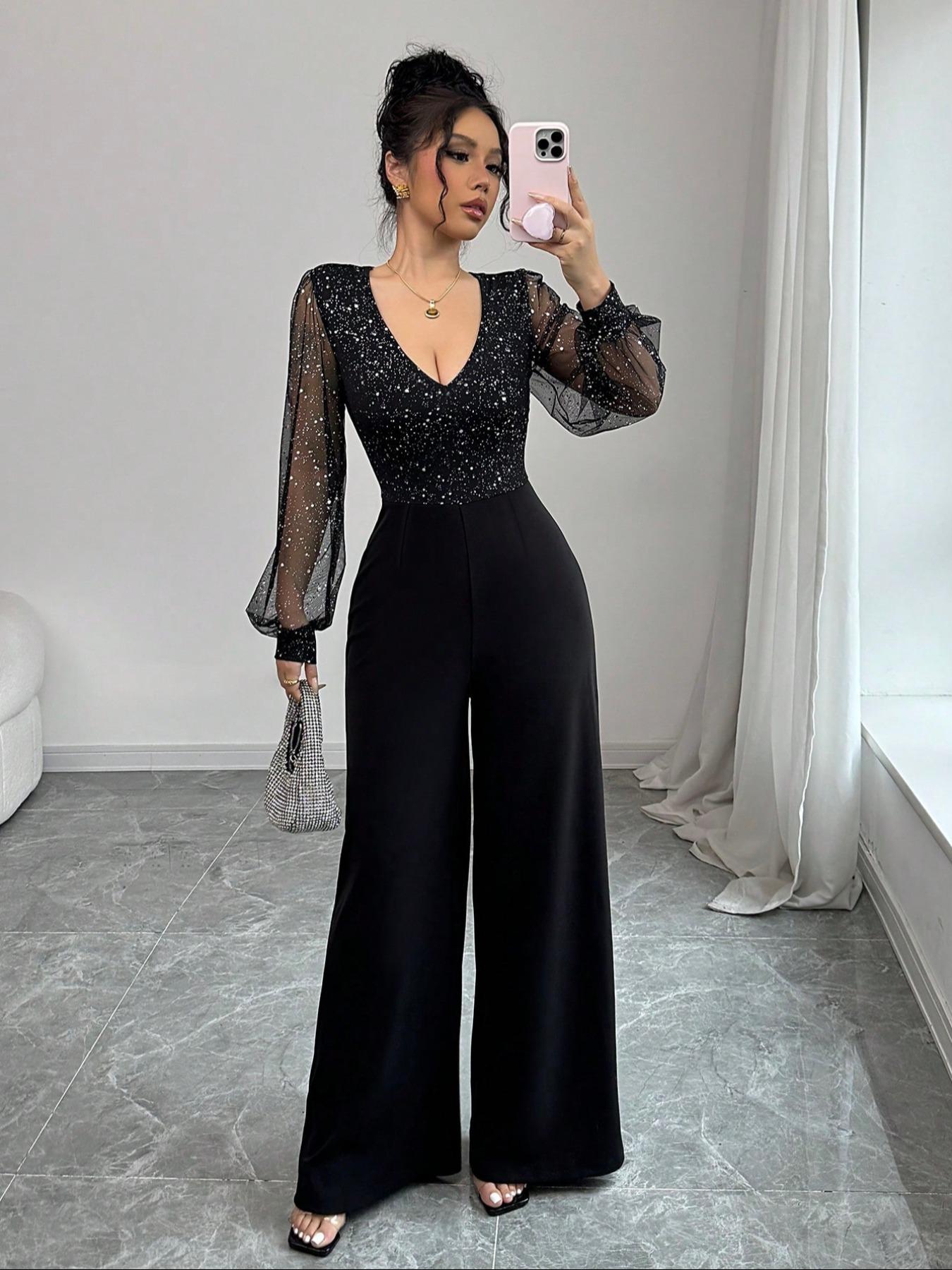 Women's Fashion Evening Sexy Elegance Mesh Sequin Patchwork Deep V Neck Long Sleeve Fitted High Waist Jumpsuit, Spring Summer Fall Wide Leg One-Piece Pants