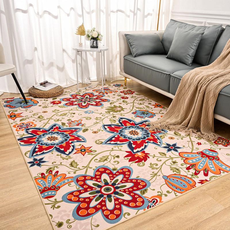 YJ.GWL Vintage Area Rugs Soft Fluffy Floral Rug Carpet for Bedroom Indoor Living Room Home Decor, 4x6ft/5x7ft Light Camel