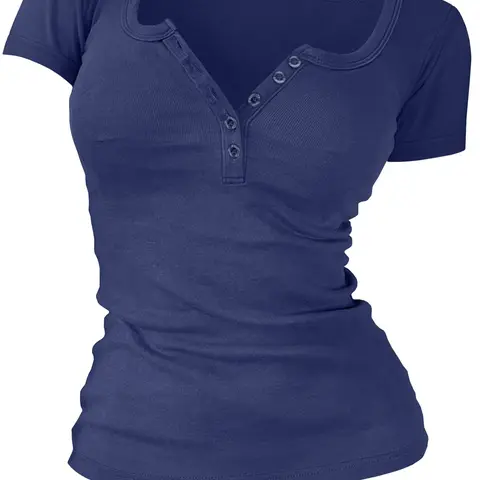 Women's Solid Color Buttons Front Tee Top, Casual Women's Short-Sleeve T-shirt Fit for Summer, Ladies Basic Clothes for Daily Wear, Minimalist T-shirt for Women Piece, Casual Everyday Tee, Button Tops