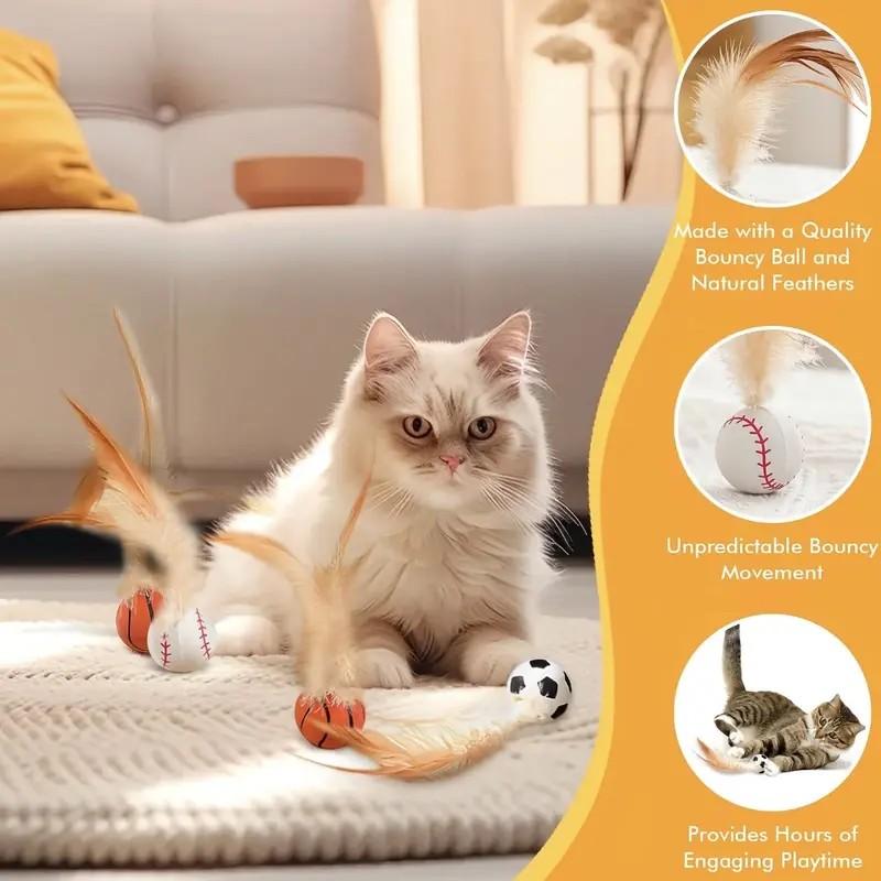 Interactive Cat Toys Set, New Elastic Ball with Feather Tail, Soccer Basketball Baseball Shapes, Indoor Chase Game, Essential Cat Toy