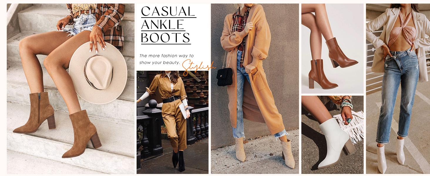 Coutgo Women's Pointed Toe Ankle Boots Chunky Stacked Heel Side Zipper Faux Leather Ankle Booties