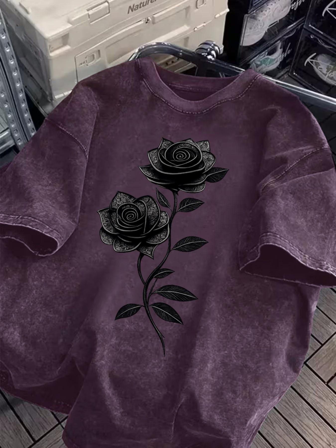 Cotton Short Sleeve Long T-Shirt, Floral Rose Flower Print Design, Loose Fit, Breathable, Street Casual Style, Perfect for Daily, Streetwear Fashion