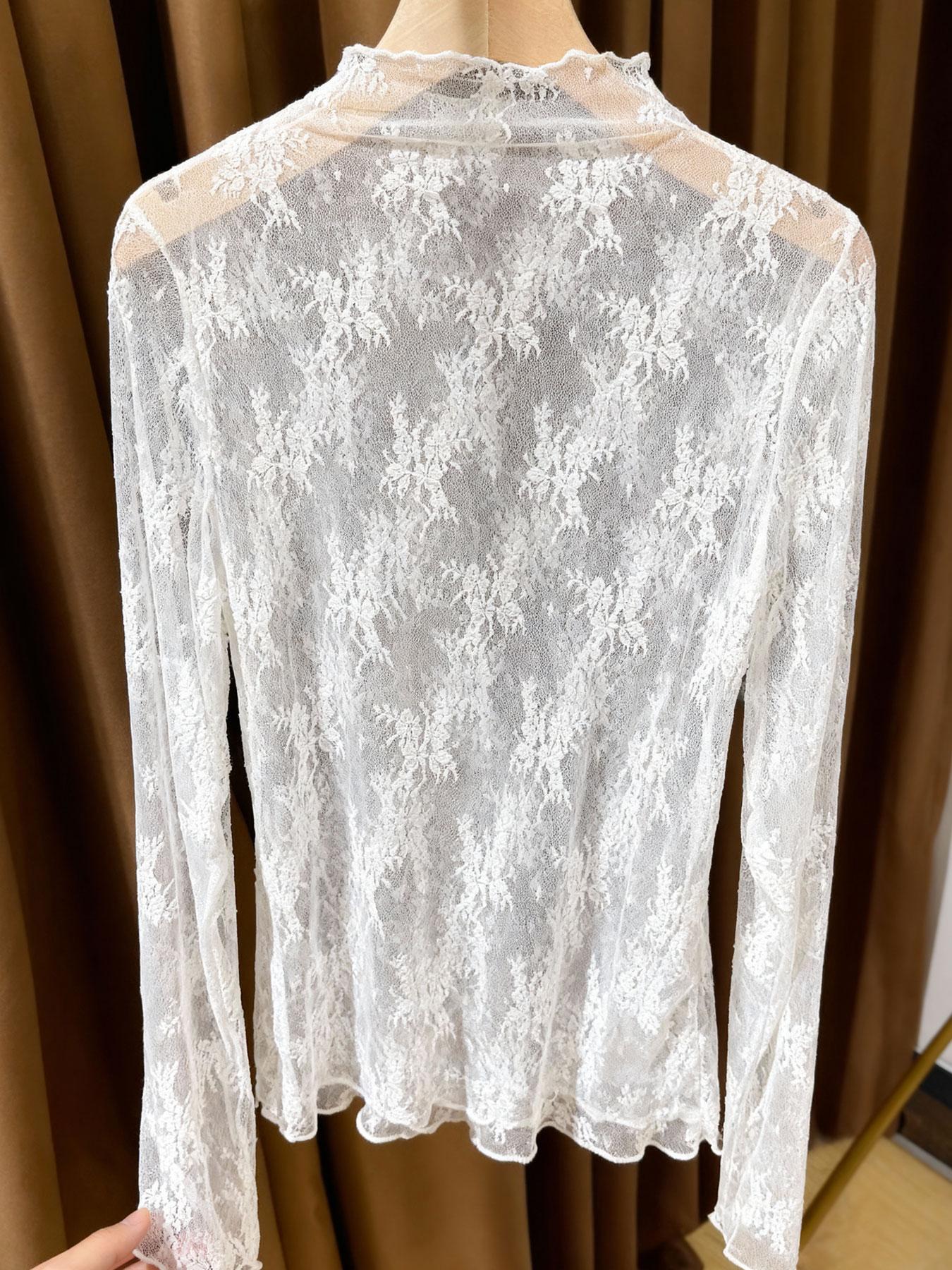 Women's Lace Long Sleeve Top, Lady, Half High Neck Design, Elegant Mesh Fabric, Perfect Inner Layer for Fall & Winter, Blouse, Womenswear