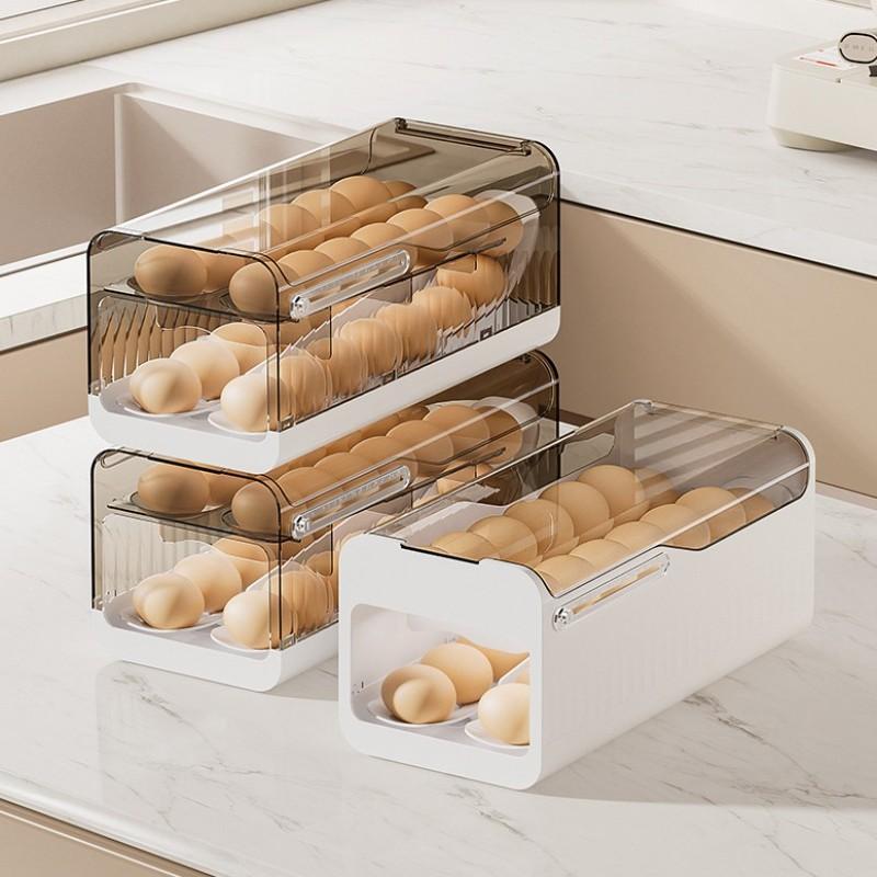 Two-Row Dual-Layer Transparent Egg Storage Box, Space-Saving Easily Rolling Egg Rack, Durable Food Grade Material Refrigerator Organizer, Organized Kitchen Utensils