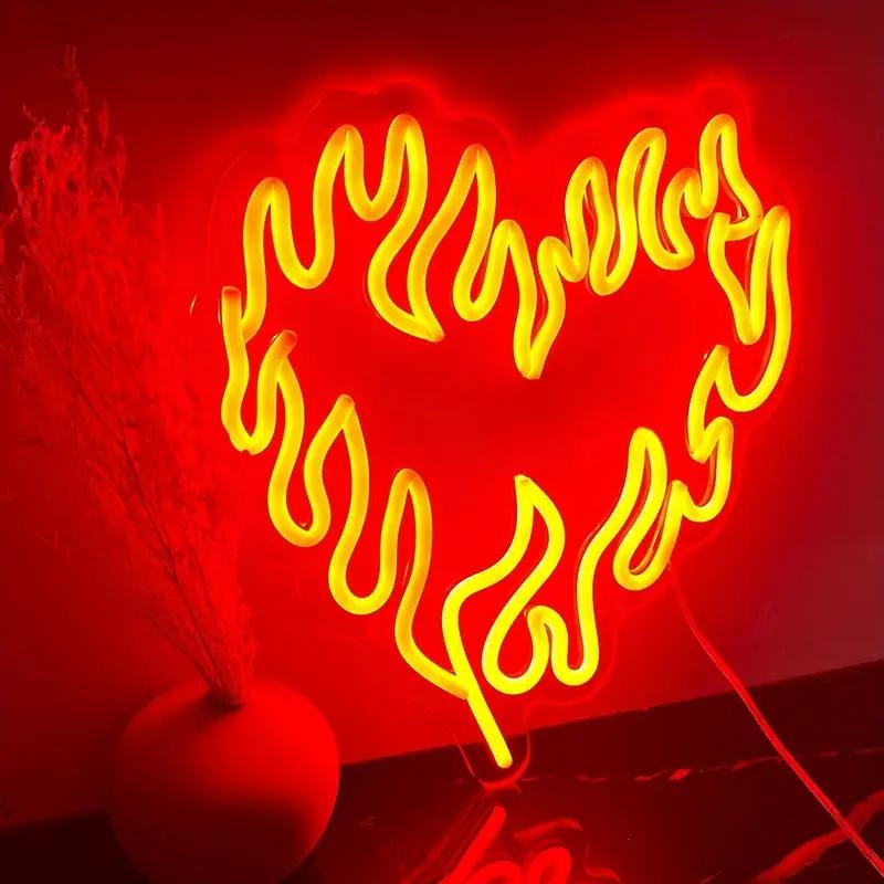 Heart & Flame Pattern Neon Sign, 1 Count USB Powered Neon Light, Decorative Neon Sign for Home Party & Game Room & Bedroom, Led Neon Lights