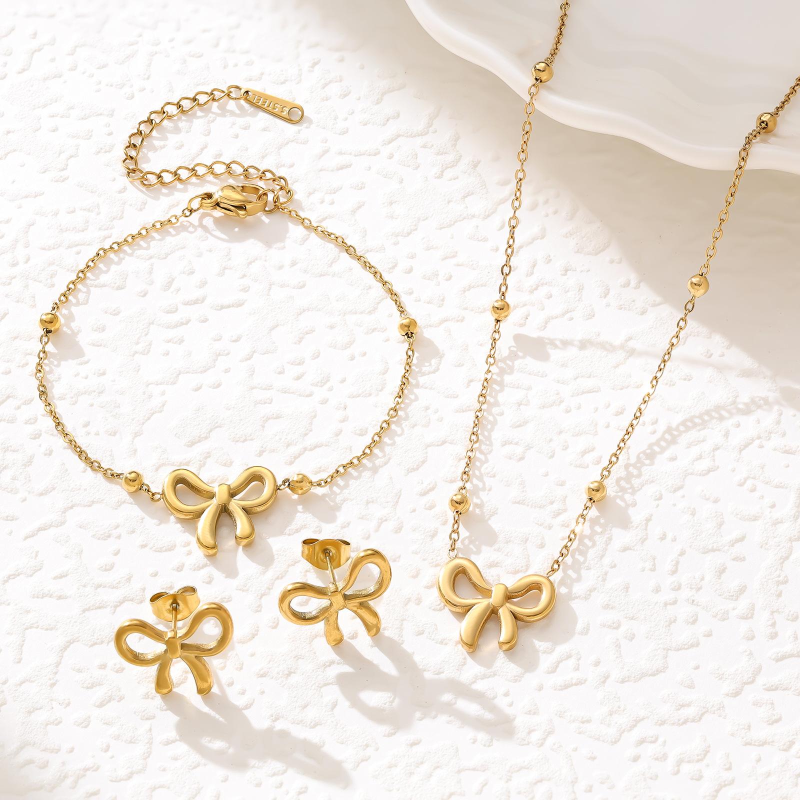 Gold Tone Bow Jewelry Set for Women, 3Pcs Dainty Bow Charm Necklace Bracelet Earrings Set, Elegant Stainless Steel Everyday Jewelry