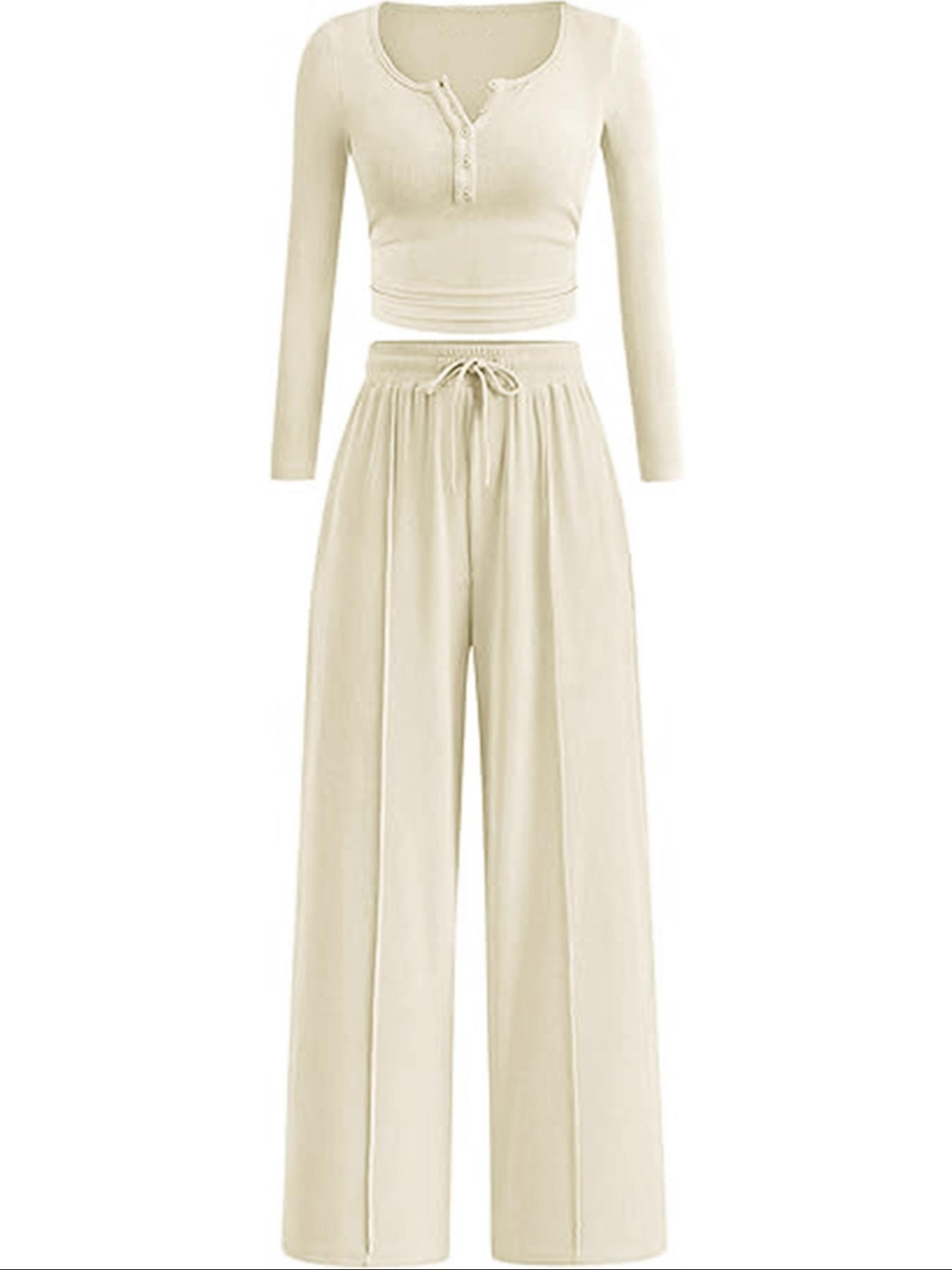 Women's Casual Long Sleeve Top & Wide Leg Pants Set, Autumn Winter Fashion, Comfortable Fit, Perfect for Daily Wear