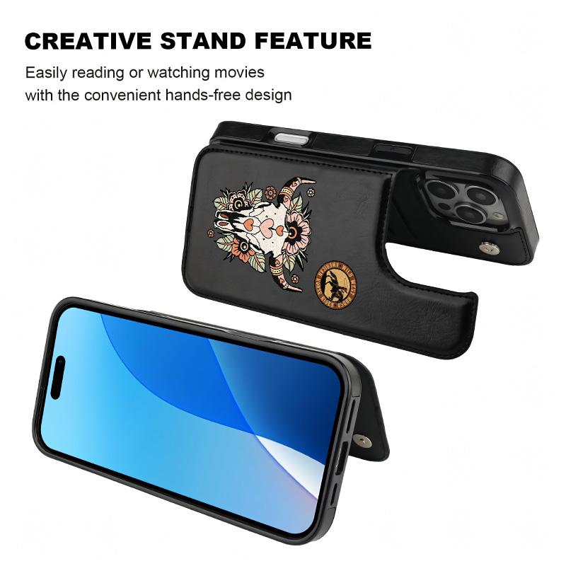 Trendy Creative Unique Retro Western Cowboy Pattern  Holder Wallet Aesthetic Pattern Black Casing For iphone 16 15 14 13 12 PRO PLUS MAX PU Leather Stylish Gift Shockproof Protection Anti-Drop Protective Protector Phone Cases Shell Cover