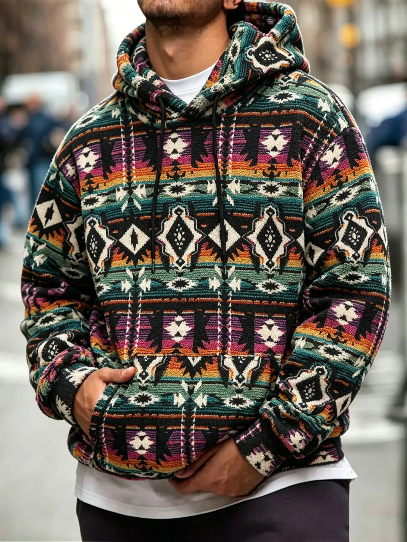 Winter Warm Men Fleece Hooded Sweatshirt, Menswear, Retro Tribal Aztec Graphic Pullover Hoodie, Soft Fluffy Long Sleeve Casual Streetwear Hoodie with Pocket