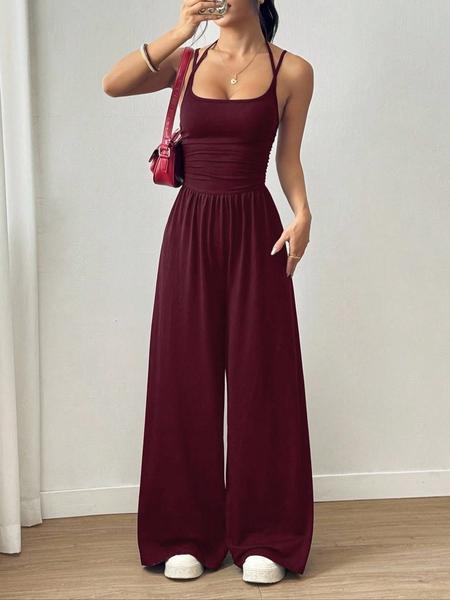 Women's Casual Pleated Loose Straight Jumpsuit, Adjustable Strap, All Seasons Wear, Moderate Fabric Thickness, Comfortable Fit, Casual Comfy Jumpsuit