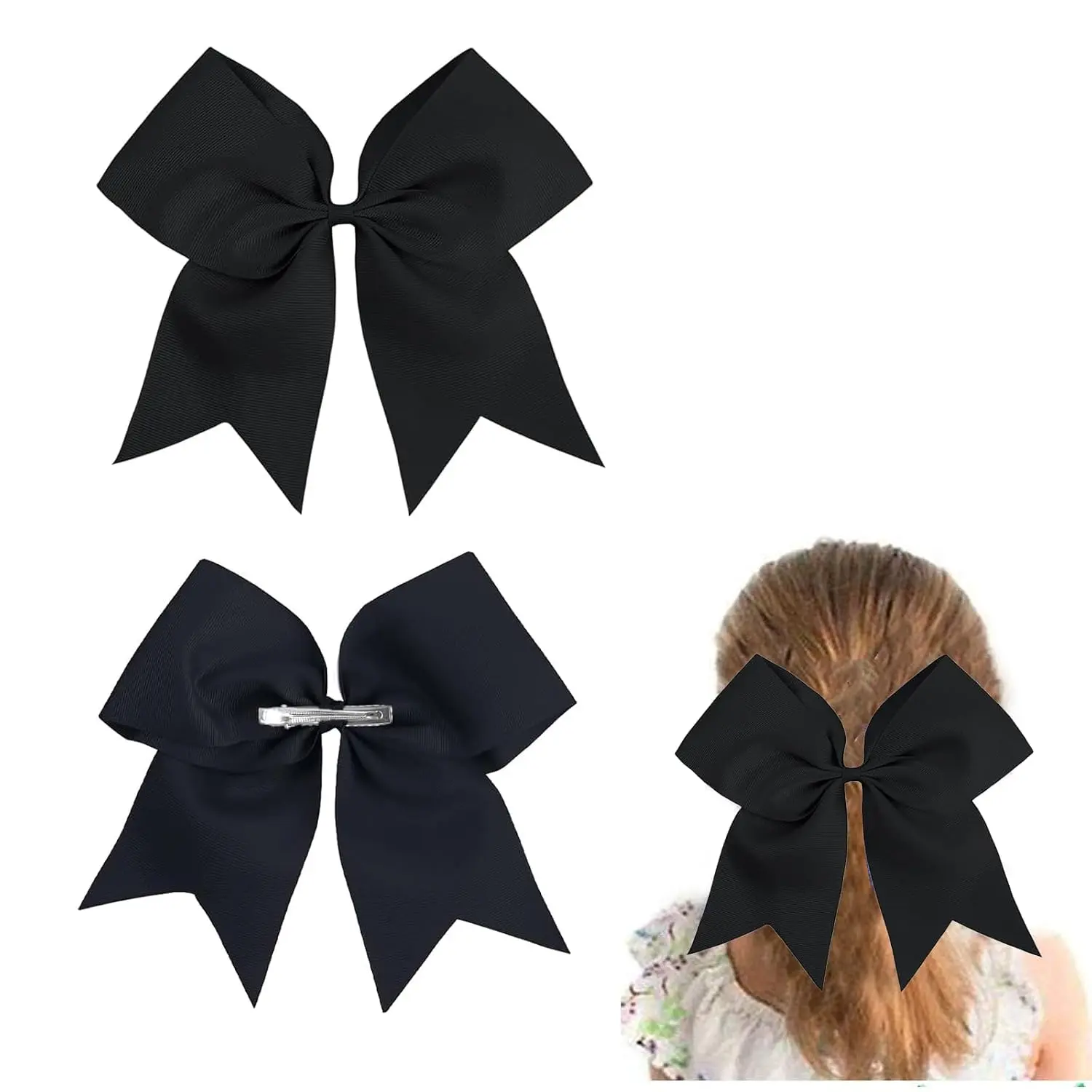 2 Packs  Cheerleading Bow 8 Inch Large  Hair Bows with  Clips for Teen Girls Softball Outfit Uniform (Black)