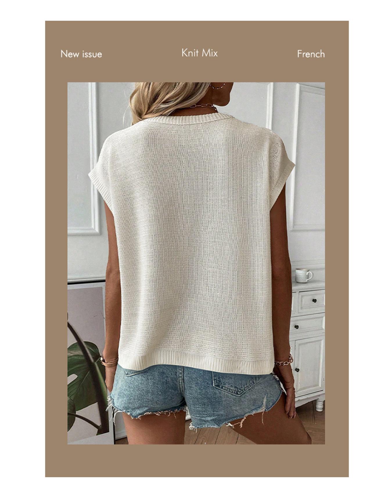 Spring Summer Elegant Versatile Knit Top, French Commute Casual Women's Round Neck Plain Hollow Out Loose T-Shirt