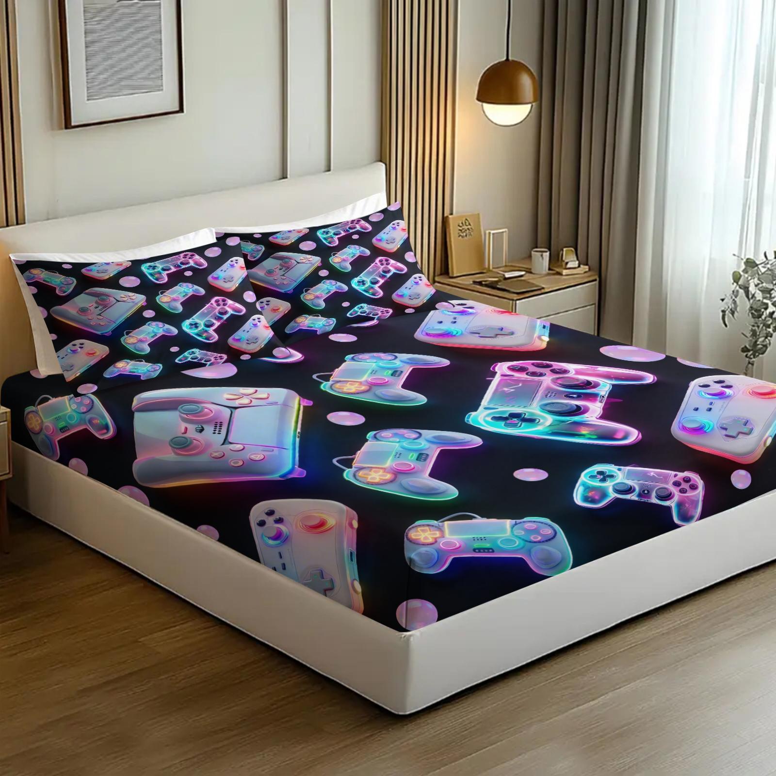 3-Piece Neon Game Controller Bed Set Fitted Sheet Set, Cyberpunk Style, Soft Skin-Friendly Fabric, Ideal for Gaming Rooms, Boys' Dorms, Comfortable & Stylish