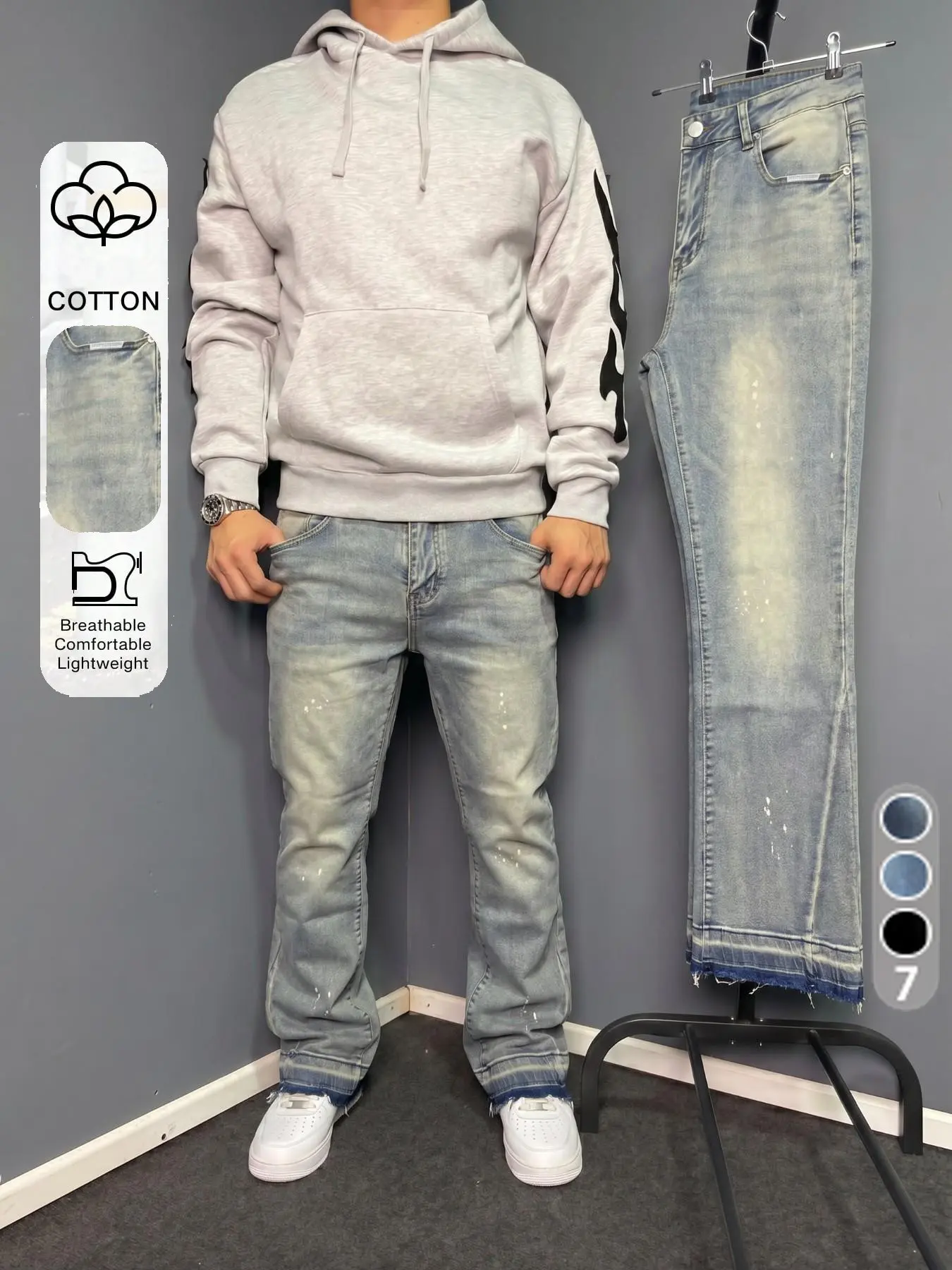 Men's Four-Season Gradient Cat Hair Ink Double-Layer Hem Slim Fit Stretch Micro Flare Jeans, American Y2K Retro High Street Casual Long Pants