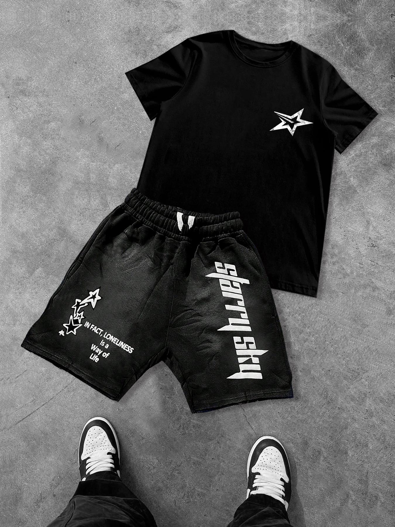 Two-Piece Set Men's Star Print Knit Short Sleeve Tee & Drawstring Waist Shorts Set, Regular Fit Casual Round Neck T-shirt & Track Shorts, Men's Summer Clothes