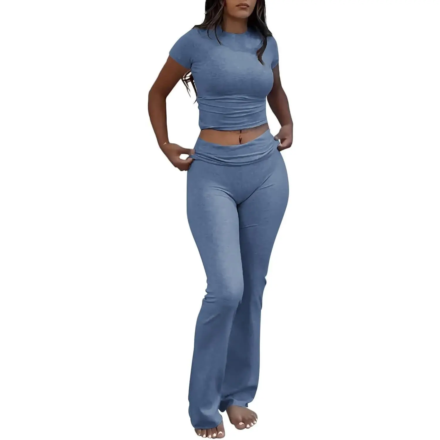 Women's Casual Workout Two Piece Set Short Sleeve Crop Top High Waist Foldover Flare Pants Tracksuit StreetwearGift