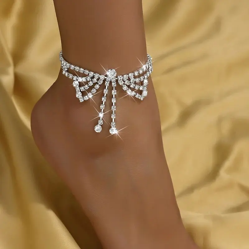 Women's Statement Anklet, Sparkly Bow Foot Chain with Tassel Drop, Elegant Ankle Bracelet for Beach, Vacation, Wedding, Bridal, Party, Festival, Summer Dress Styling, Trendy Foot Jewelry Gift for Women, Gold or Silver Style
