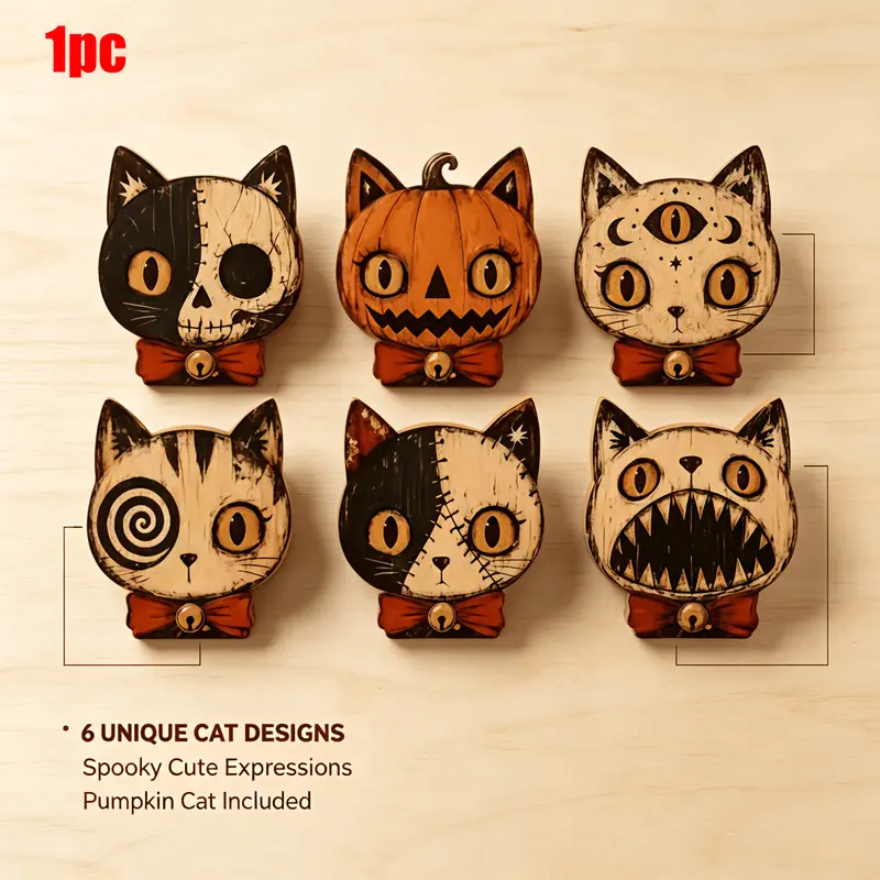 Vintage Halloween Wooden Cat Tabletop Decorations, Rustic Distressed Spooky Cat Pumpkin Skull Figurines Set, Freestanding Gothic Wooden Cutout Ornaments for Mantel Shelf Farmhouse Home Halloween Party Decor, Halloween Gift for Cat Lovers