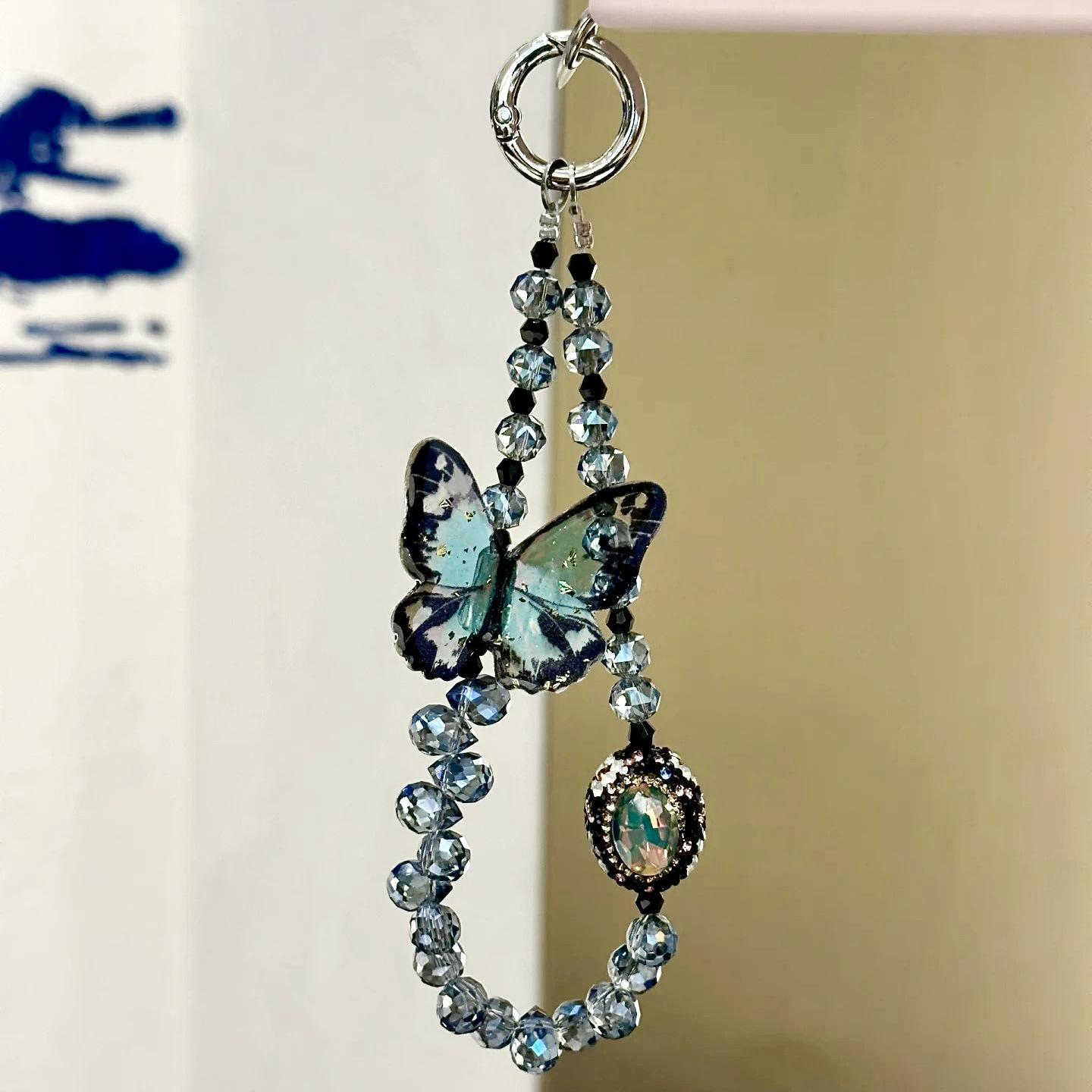 Butterfly Design Beaded Phone Chain, DIY Premium Smudge Bow Beaded Crystal Lanyard, Phone Wrist Lanyard, Earphone Case Key Camera Ornament, Charms