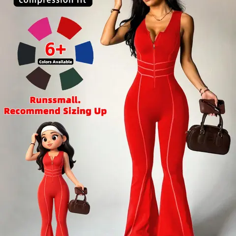 Women's Seamless Fashion Hollow Out Zipper Backless Sporty Micro Flare Sporty Chic Jumpsuit, High Elastic Waist Workout Long Pants, Fitness Activewear Workout Jumpsuits