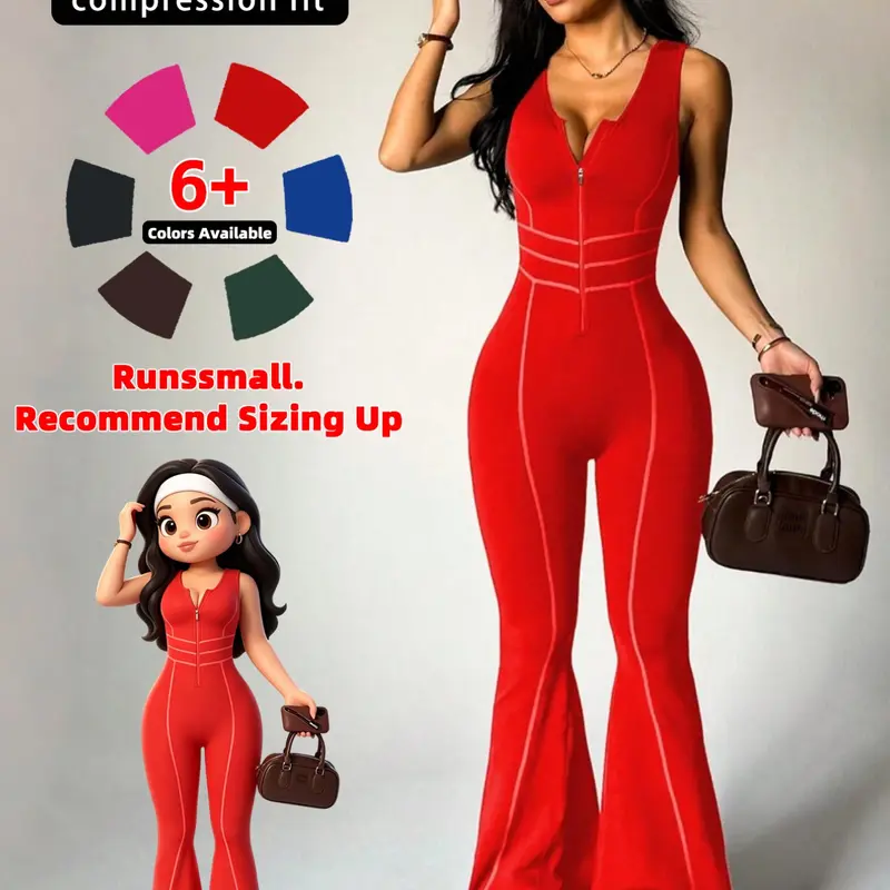 Women's Seamless Fashion Hollow Out Zipper Backless Sporty Micro Flare Sporty Chic Jumpsuit, High Elastic Waist Workout Long Pants, Fitness Activewear Workout Jumpsuits