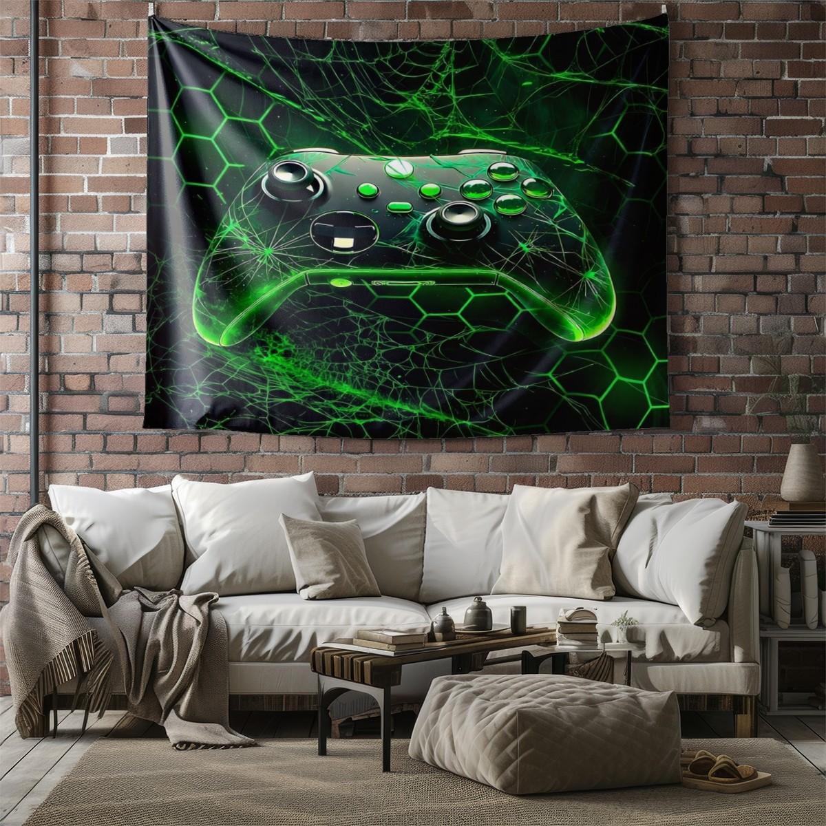 Green Honeycomb Gaming Controller Kids' Tapestry, Video Game Controller Gamer Tapestry, Boys' and Men's Room Decor, Geometric Honeycomb Hexagon Tapestry, Stylish Home Wall Decor