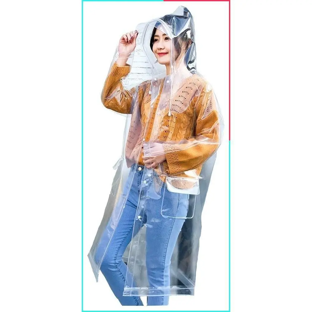 Women's Fashion Transparent EVA Raincoat Waterproof Hooded Rain Poncho with Drawstring