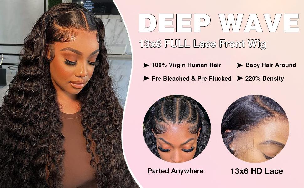 Subella 13x6 Full Lace Front Deep Wave Wig 220% Density Natural Black Color Human Hair HD Transparent Lace Pre Bleached Knots