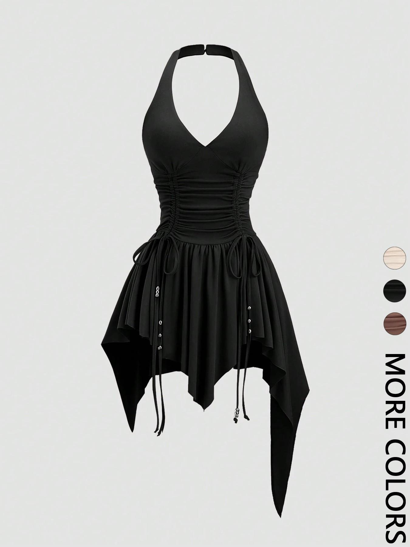 Women's Post-Apocalyptic Vintage Punk Dress, Deep V Neck, High Waist, Irregular Hem, Short Skirt, Multiple Colors Available