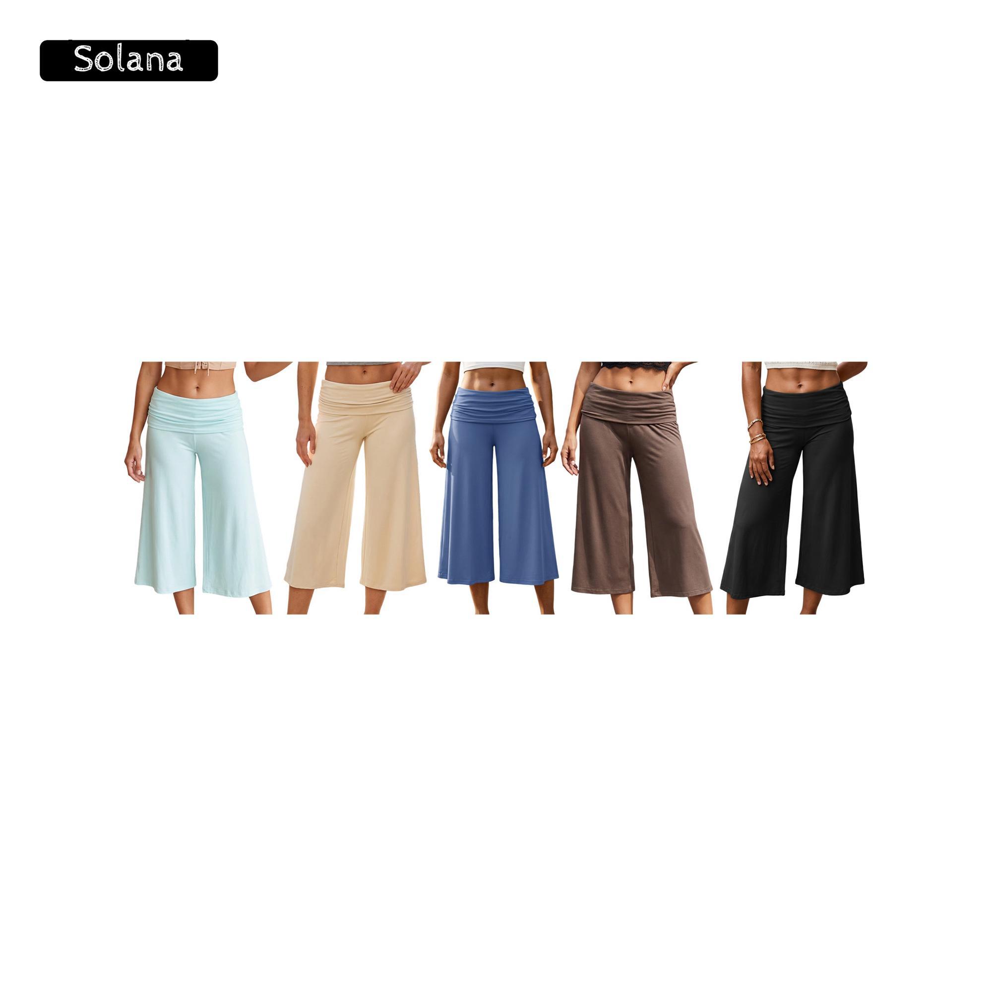 Women Summer Fold Over Wide Leg Capri Pants Low Rise Lounge Yoga Flare Culottes Y2k Soft Flowy Crop Palazzo Pants Beach
