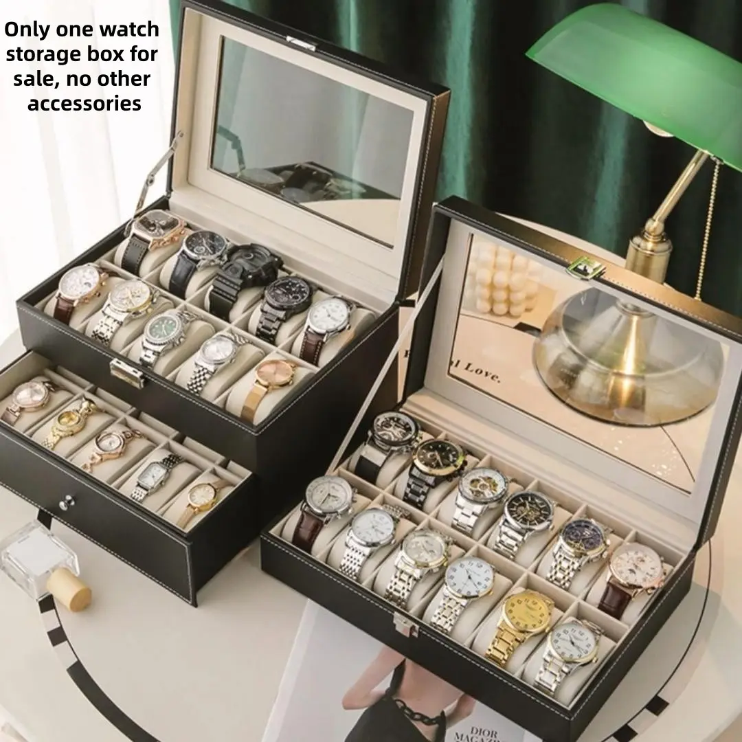 PU Leather Watch Storage Box, Clear Glass Top, Large Capacity, Wristwatch Display Case, for Watch Collectors, Mens Gifts, Watchstorage