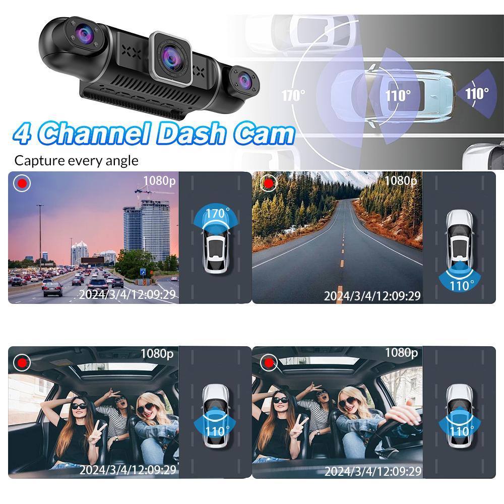 3/4 Lens Channel Dash Cam 1080P HD Ultimate Safety Dash Cam Set, 1080P Front and 720P Full Coverage Front, Rear, Left, and Right, Quad-Split Screen Display, HD Night Vision, WDR, G-Sensor, Loop Recording - Car Accessories/Car Dash