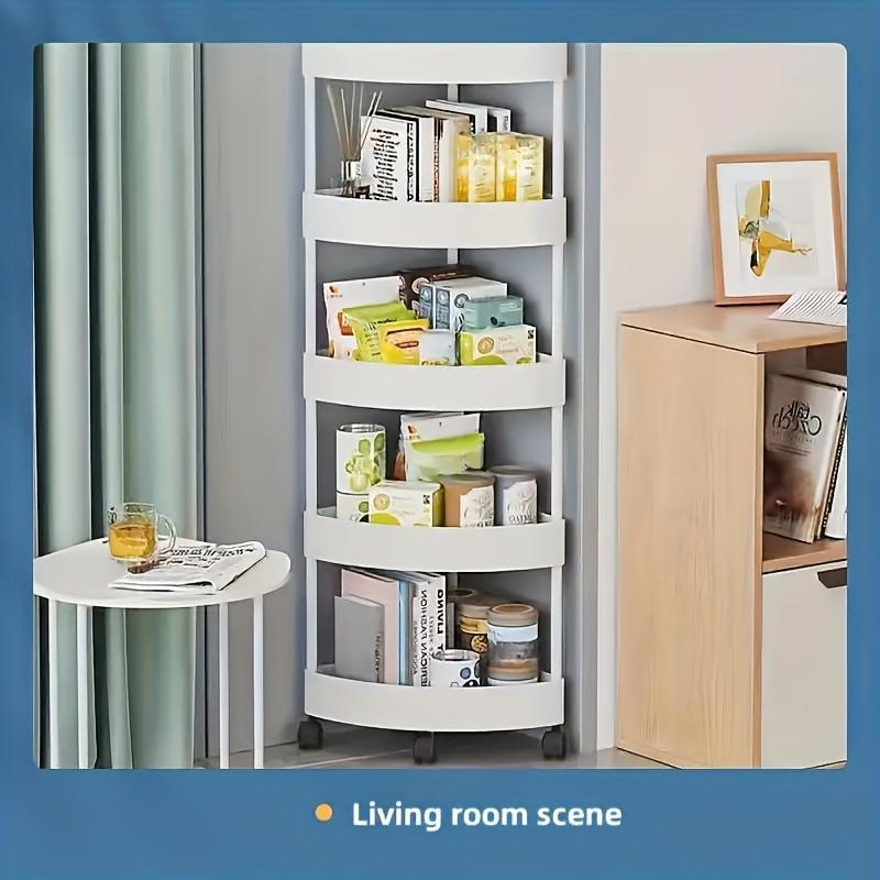 Four-layer rolling storage cart, compact corner storage unit, made of sturdy plastic, no electricity required, suitable for kitchen, office, commercial bathrooms and other storage needs.
