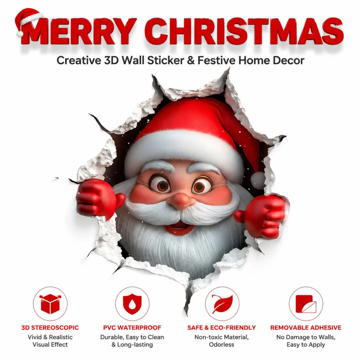 Creative Christmas wallpaper: cartoon Santa Claus breaking‑through‑the‑wall self‑adhesive wall sticker for living room and room background wall decoration