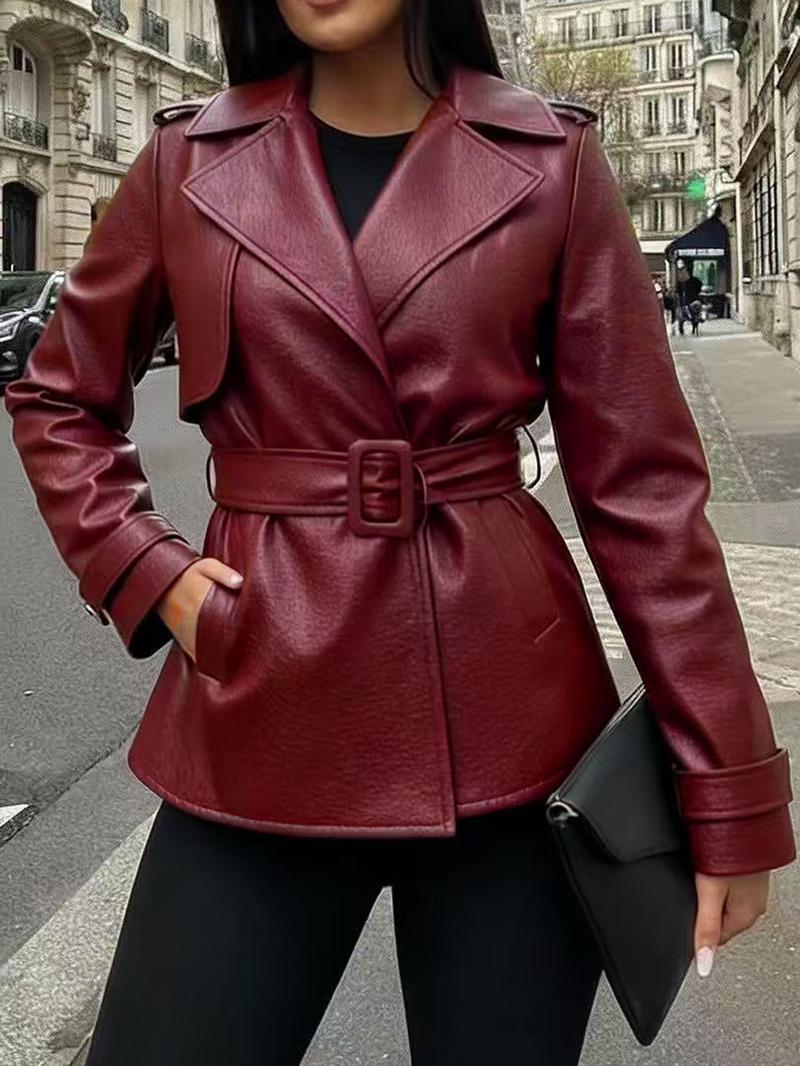 Women's Deep V PU Leather Jacket with Wide Waist Belt, Stylish Casual Outerwear for All Seasons, Perfect for Daily Wear & Trendy
