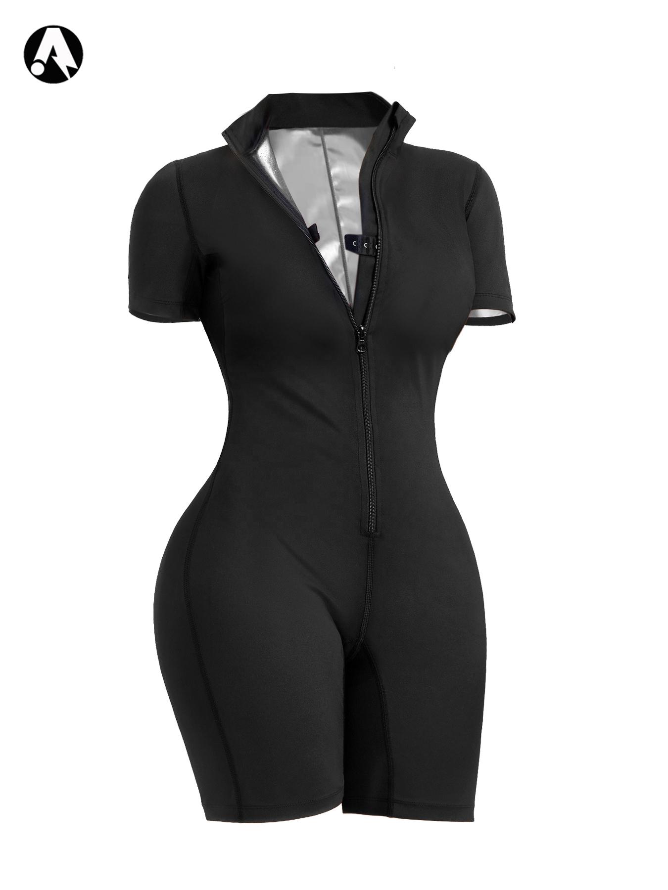Women's One-Piece Sauna Jumpsuit, Zip-Up Yoga Romper, Tight-Fit Above-Knee Sportswear, Short Sleeve, Summer, Sporty Comfy Jumpsuit