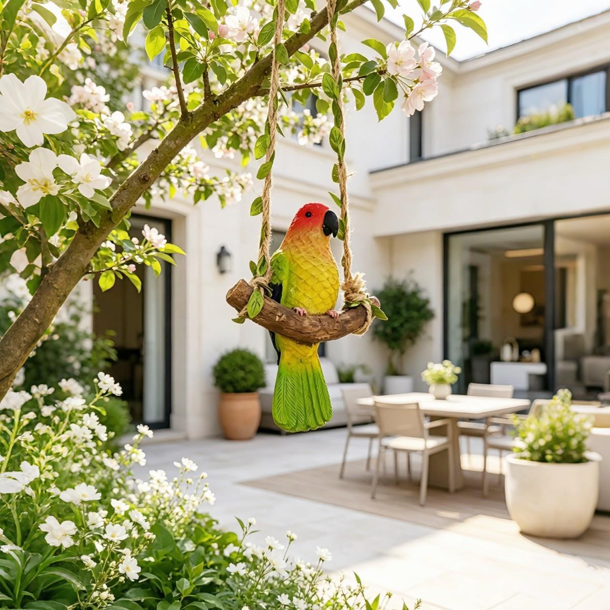Colorful Bird Swing Decoration, Realistic Parrot Hanging Ornament, Resin Parrot Sculpture for Home Outdoor, Garden Decor Gift