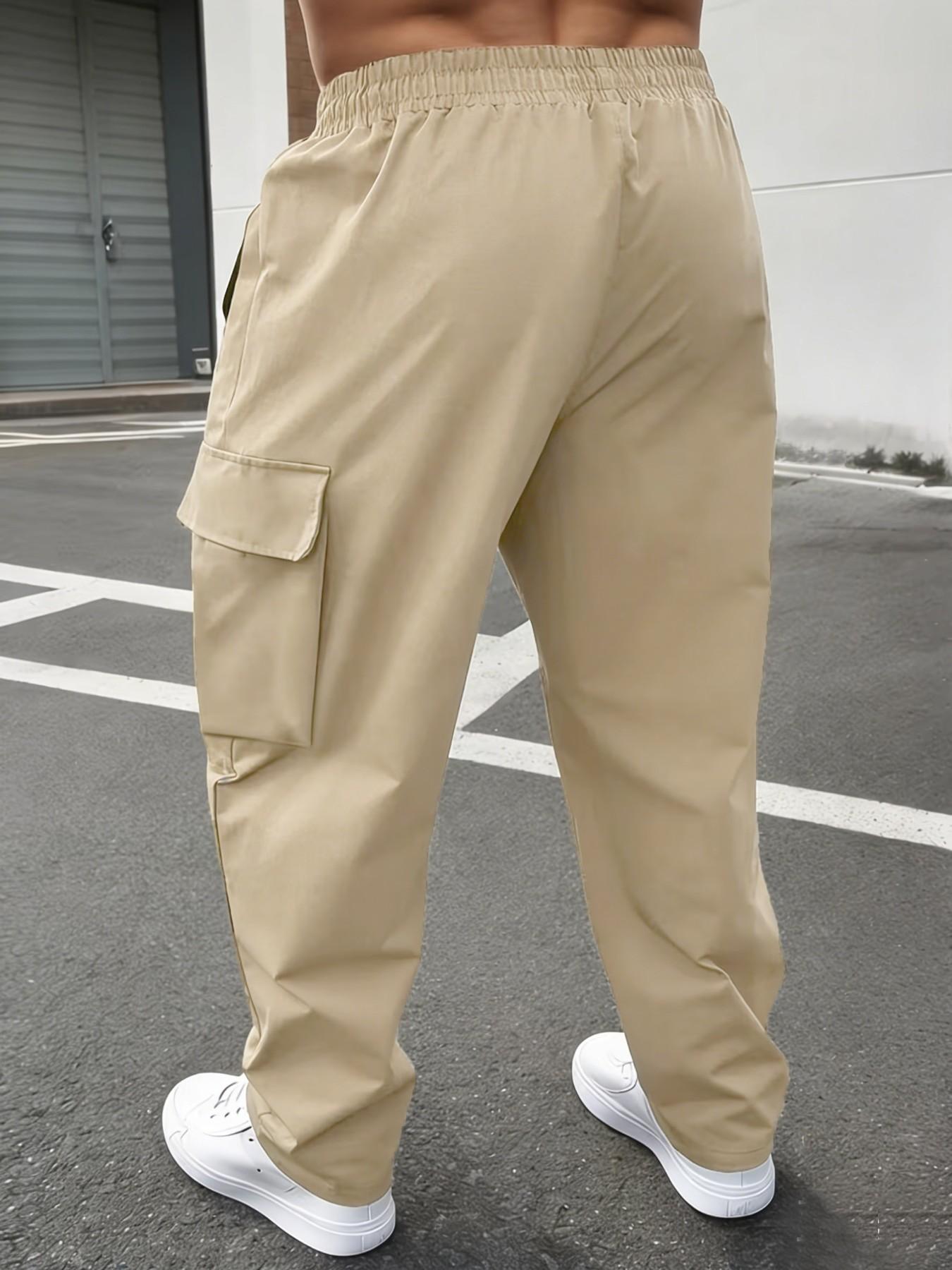 Men's Spring Summer Letter Zipper Pocket Cargo Pants, Fashion Large Patch Pockets, Drawstring Waist, Casual Outdoor Long Pants