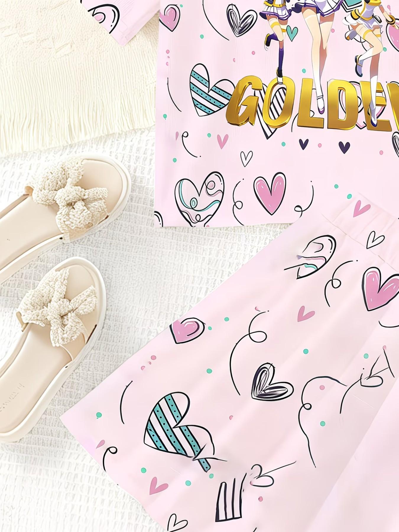 Girls' 3D Heart Cartoon Print Top and Skirt Set, Summer Casual Two-Piece, Round Neck Short Sleeve, Daily Wear