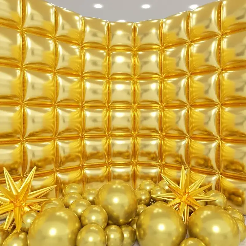 Geometric Metallic Gold Aluminum Party Decor Kit - 50+79 Multi-Size Balloon Mix, 50pc Double-Sided Foil Square Wall Decor, 79pc Balloon Arch, Self-Sealing Garland, Double-Sided Tunnel, Durable for Birthday, Christmas Celebrations
