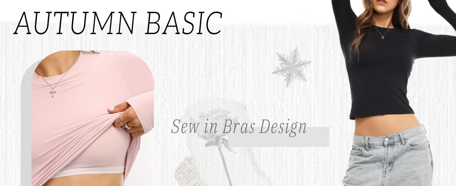 Danysu Double Lined High Round Neck Long Sleeve Tops for Women with Built in Bra Nylon Basic Crop Fall Tee Shirts