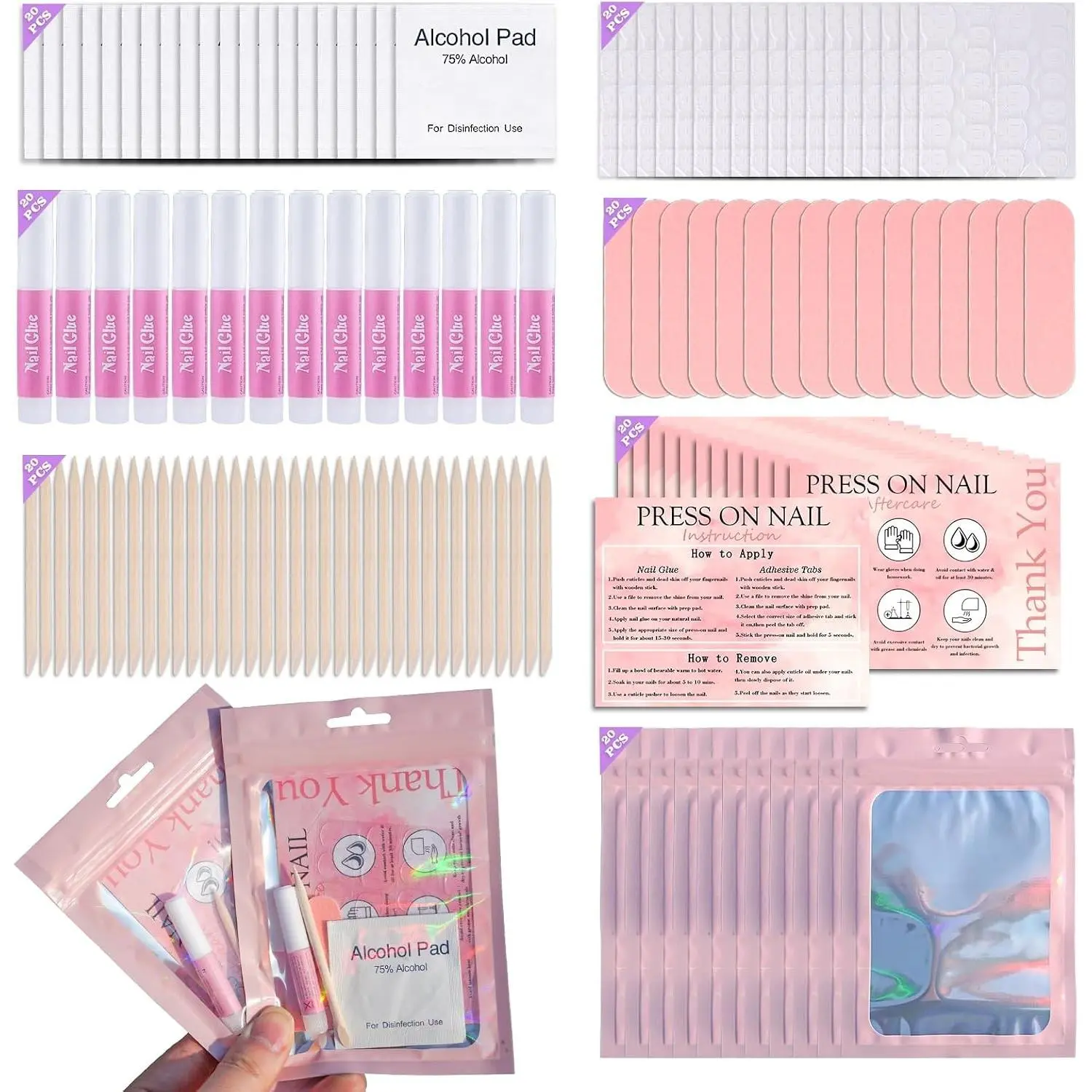Disposable Nail Supplies Kit, Professional Manicure Press-On Nail Tool Set with Nail File, Adhesive Tabs, Nail Glue, Sticks, Prep Pads, Bags, and Cards for Nail Business (140pcs, 20 Sets, Pink)Gift
