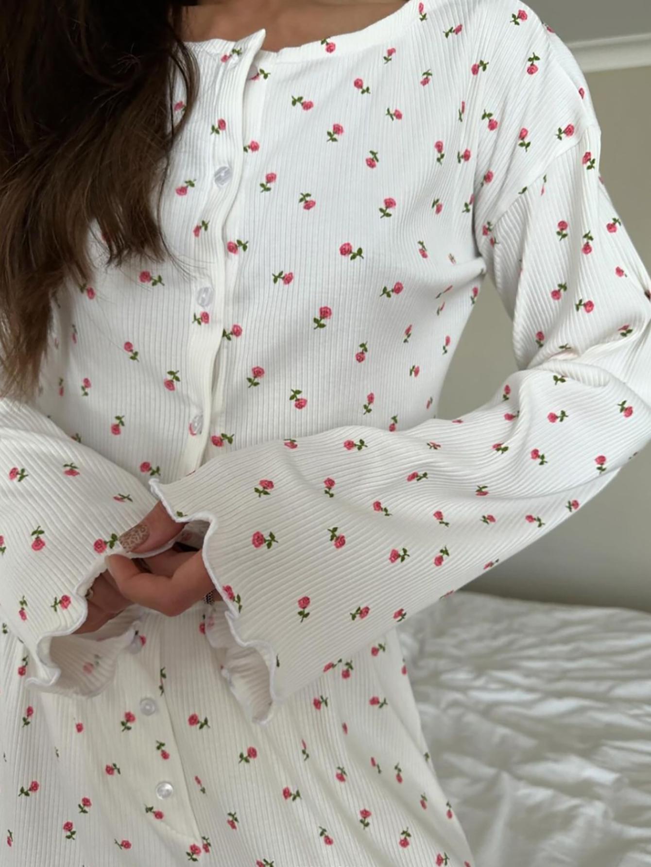 Women's Autumn Winter Casual Knit Set, Heart Pattern Long Sleeve Top & Pants, Loose-Fitting Christmas Valentine's Day Nightwear