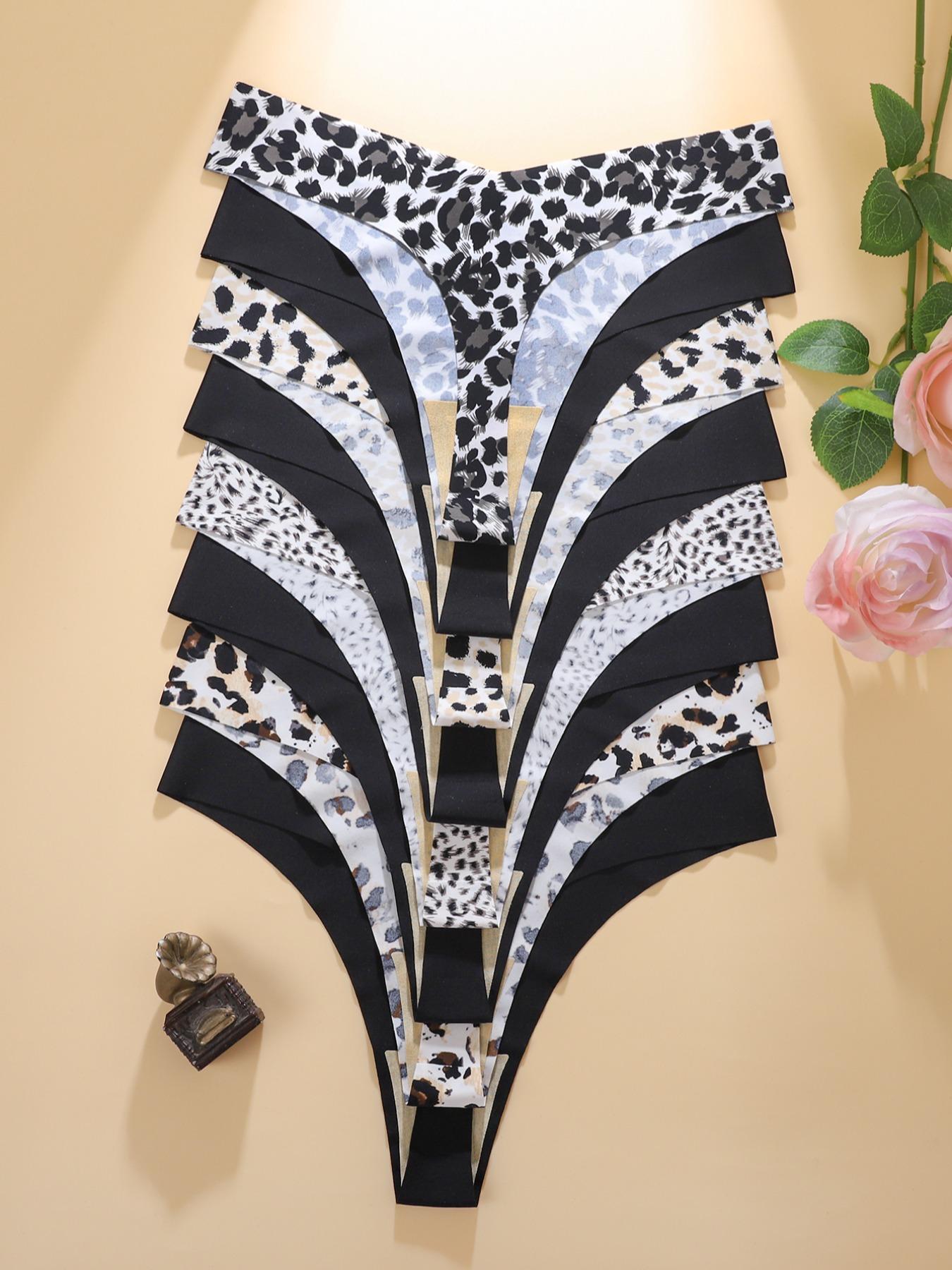 Women's Solid & Leopard Print Underwear Set, Casual Elegant Panty, Comfortable Skin-Friendly V-Shape Pull-Up Waist Design, Seamless Sporty Thongs, 8 Pieces