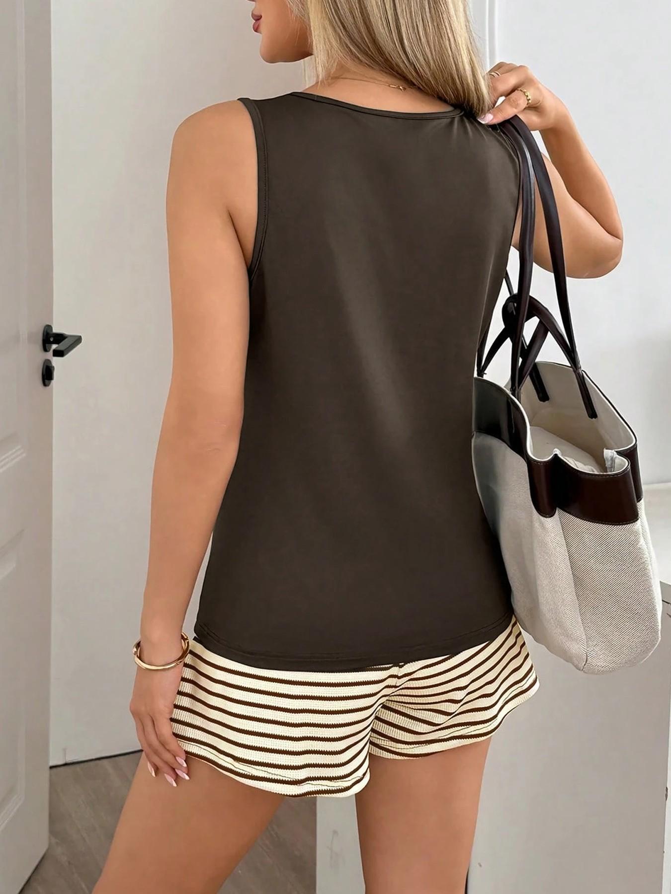 Summer Round-Neck Sleeveless Vest & Striped Shorts Beach Set, Casual Slim-Fit Matching Set