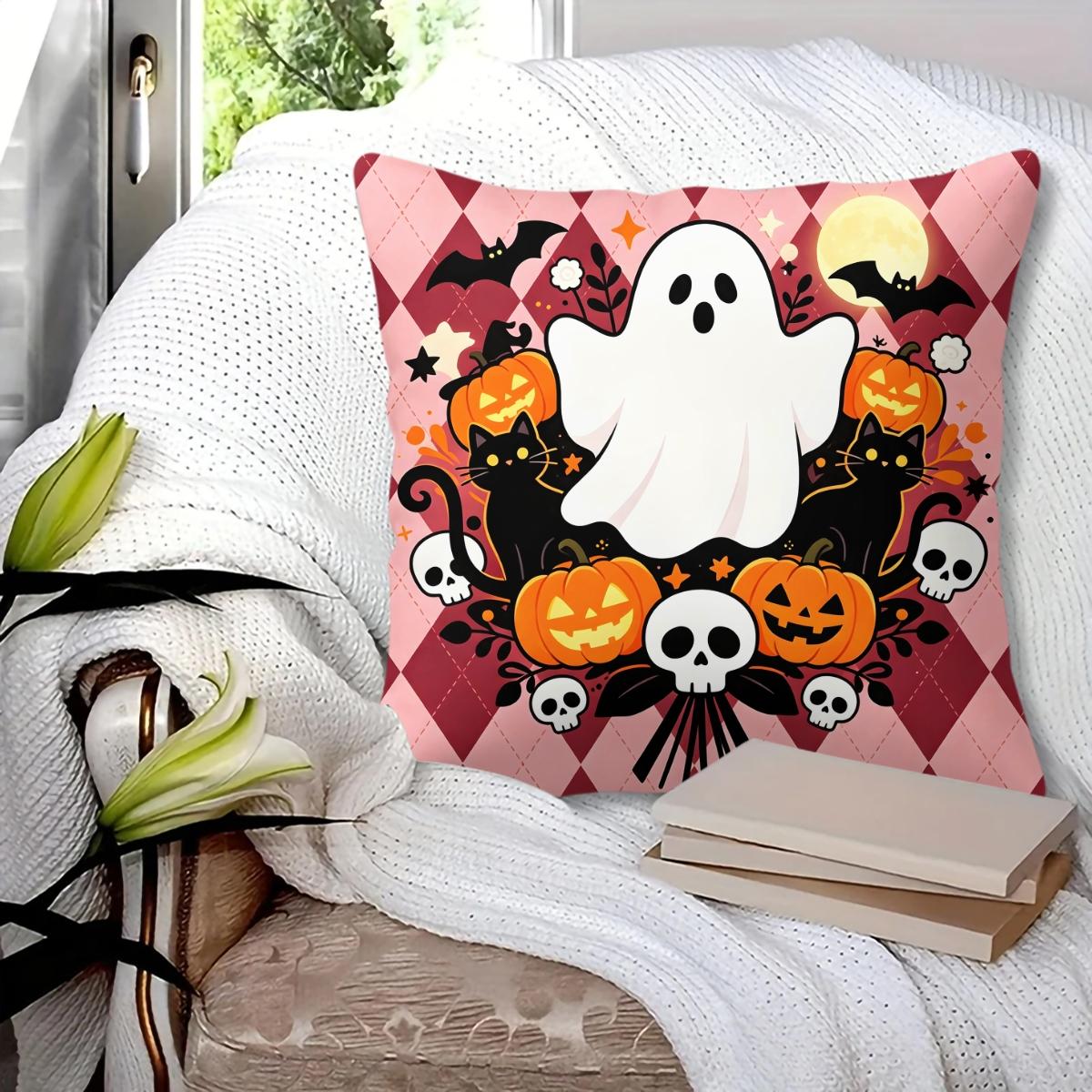 Spooky Halloween Ghost Throw Pillow, featuring bat, bare tree and crescent moon night print, soft durable decorative pillow perfect for sofa, couch, bedroom, living room halloween party decor, comes with pillow insert